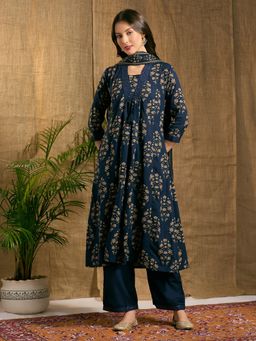 FASHOR - Floral Printed And Embroidered A-Line Panelled Kurta With Pant And Dupatta - Blue