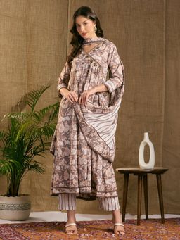 FASHOR - Ethnic Floral Printed And Hand Embroidered Anarkali With Pant And Dupatta - Brown
