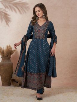 FASHOR - Ajrakh Printed And Embroidered Anarkali Kurta With Pant And Dupatta - Teal