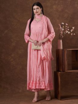 FASHOR - Floral Embroidered Anarkali Flared Kurta With Palazzo And Dupatta - Pink
