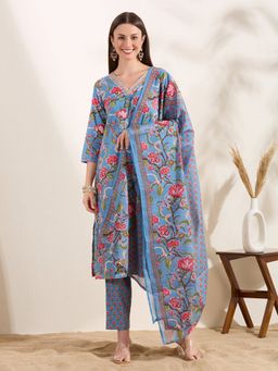 FASHOR - Floral Printed Embellished Straight Cut Kurta With Pant And Dupatta - Blue