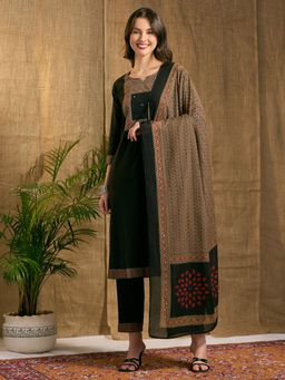 FASHOR - Ethnic Straight Fit Kurta With Pant And Pure Cotton Dupatta - Green