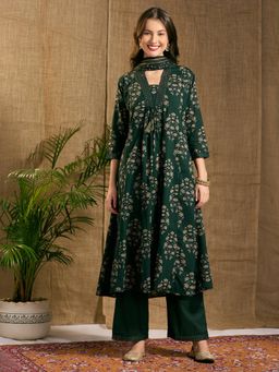 FASHOR - Floral Printed And Embroidered A-Line Panelled Kurta With Pant And Dupatta - Green