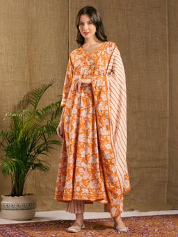 FASHOR - Ethnic Floral Printed And Hand Embroidered Anarkali With Pant And Dupatta - Orange
