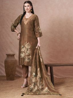 FASHOR - Floral Printed Embroidered Straight Fit Tissue Kurta With Pant And Dupatta - Brown