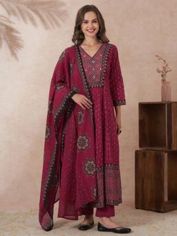 FASHOR - Ajrakh Printed And Embroidered Anarkali Kurta With Pant And Dupatta - Red