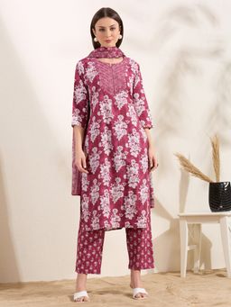 FASHOR - Ethnic Floral Printed And Mirror Embroidered Kurta With Pant And Dupatta - Burgundy