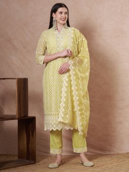 FASHOR - Schiffli Embroidered Straight Fit Kurta With Pant And Dupatta - Yellow