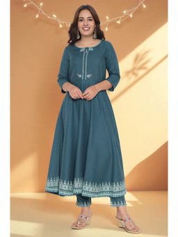 W - Teal Printed Rayon Anarkali Kurta & Straight Pant