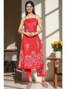 W - Carmine Red Printed Pure Cotton Straight Kurta and Pant