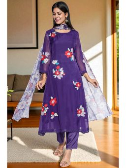 W - Amethyst Purple Solid Printed Organza A-Line Kurta Straight Pant & Dupatta
