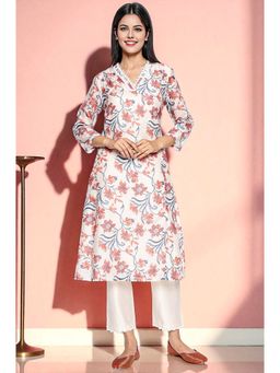 W - Beige Printed Chanderi A-Line Kurta & Straight Pant