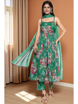 W - Green Printed Chiffon Flared Kurta Straight Pant & Dupatta