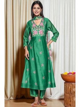 W - Green Printed Chanderi Flared Kurta Straight Pant & Dupatta