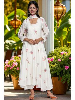 W - Ecru Printed Kota Flared Kurta Straight Pant & Dupatta