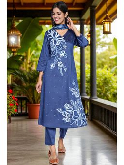 W - Dark Blue Solid Printed A-Line Kurta Straight Pant & Dupatta