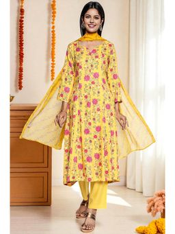 W - Marigold Yellow Printed Rayon Flared Kurta Straight Pant & Dupatta