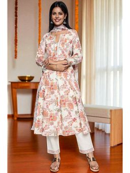 W - Seashell White Printed Pure Cotton Flared Kurta Straight Pant & Dupatta
