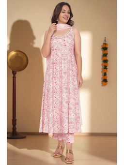 W - Rose Pink Printed Shantung Flared Kurta Parallel Pant & Dupatta