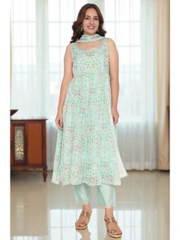 W - Mint Green Printed Organza Flared Kurta Straight Pant & Dupatta