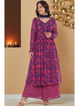 W - Pink Printed Georgette Flared Kurta Flared Pant & Dupatta