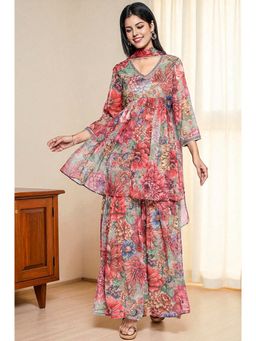 W - Multicolour Printed Silver Chiffon Flared Kurta with Palazzo & Dupatta