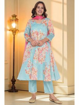 W - Blue Printed Chanderi Flared Kurta Straight Pant & Dupatta