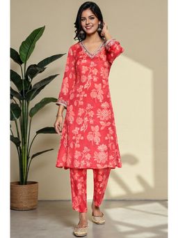 W - Crimson Red Printed Modal A-Line Kurta & Straight Pant