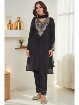W - Black Solid Printed Shantung Straight Kurta Straight Pant & Dupatta