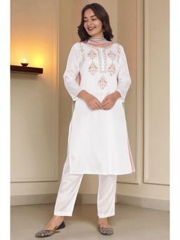 W - Ecru Solid Printed Shantung Straight Kurta Straight Pant & Dupatta