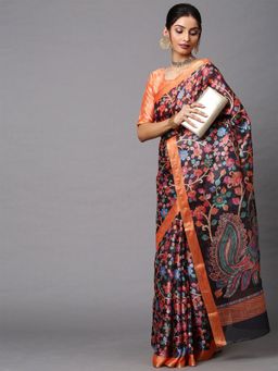 Odette - Women's Cotton Linen Black Printed Celebrity Saree with Unstitched Blouse