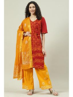 Biba - Red Cotton Hand Block Printed Unstitched Suit (Set of 3)