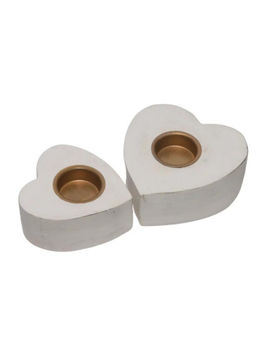 CasaGold - White Wooden Heart Candles Stand-Set of 2