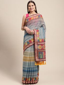 Vastranand - Blue & Multicoloured Kalamkari Linen Blend Block Print Saree with Unstitched Blouse