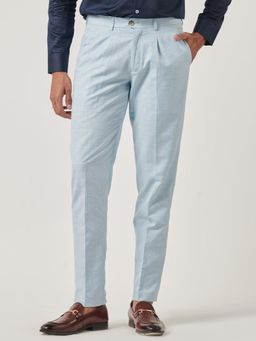 MR BUTTON - Men Blue Linen Blend Mid Waist Trouser