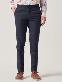 MR BUTTON - Men Blue Polyviscose Mid Waist Trouser