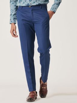 MR BUTTON - Men Blue Polyviscose Mid Waist Trouser