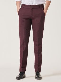 MR BUTTON - Men Wine Polyviscose Mid Waist Trouser