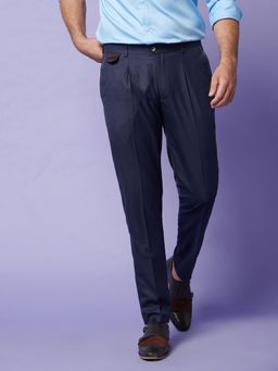 MR BUTTON - Men Blue Polyviscose Mid Waist Trouser