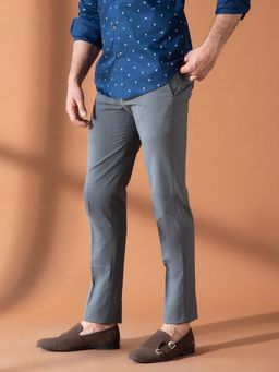 MR BUTTON - Men Grey Polyviscose Mid Waist Trouser