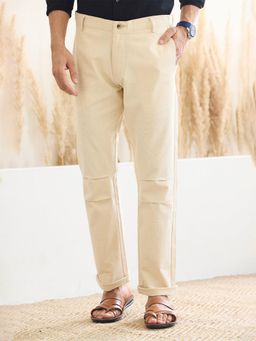 MR BUTTON - Men Beige Cotton Linen Mid Waist Trouser