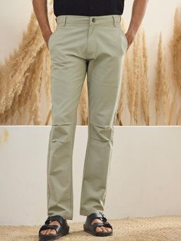 MR BUTTON - Men Green Cotton Linen Mid Waist Trouser