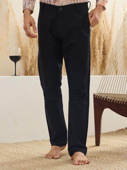 MR BUTTON - Men Black Cotton Linen Mid Waist Trouser