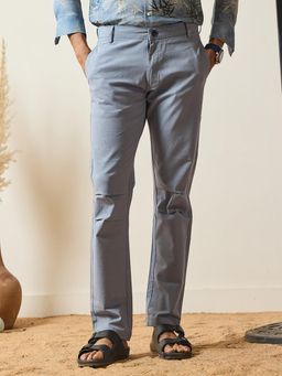 MR BUTTON - Men Blue Cotton Linen Mid Waist Trouser