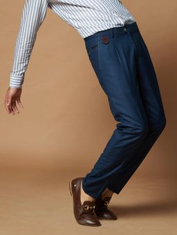 MR BUTTON - Men Blue Polyviscose Mid Waist Trouser