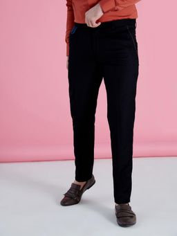 MR BUTTON - Men Black Polyviscose Mid Waist Trouser
