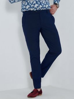 MR BUTTON - Men Blue Polyviscose Mid Waist Trouser