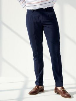 MR BUTTON - Men Blue Polyviscose Mid Waist Trouser