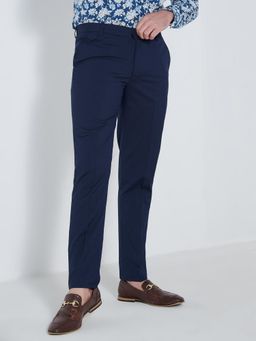 MR BUTTON - Men Blue Polyviscose Mid Waist Trouser