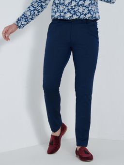 MR BUTTON - Men Blue Polyviscose Mid Waist Trouser